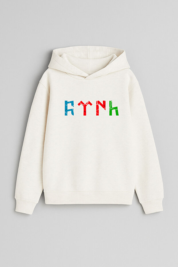 Azerbaijan Turkish Printed Ecru Hooded Sweatshirt for Girls and Boys
