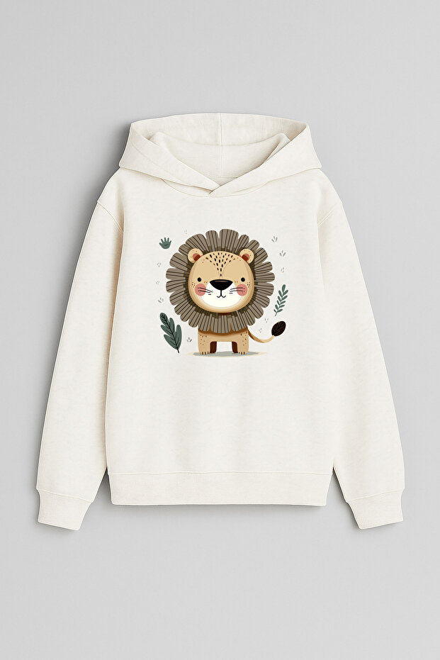 Little Lion Printed Ecru Girls and Boys Hooded Sweatshirt