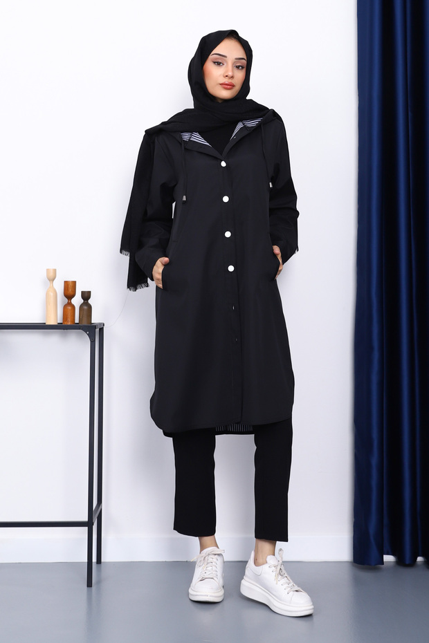 Black Hooded Trench Coat with Button Detail