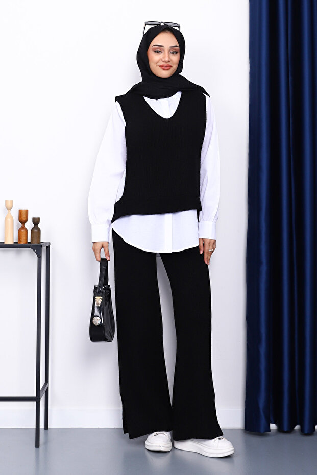 Black Shirt Triple Knitwear Set