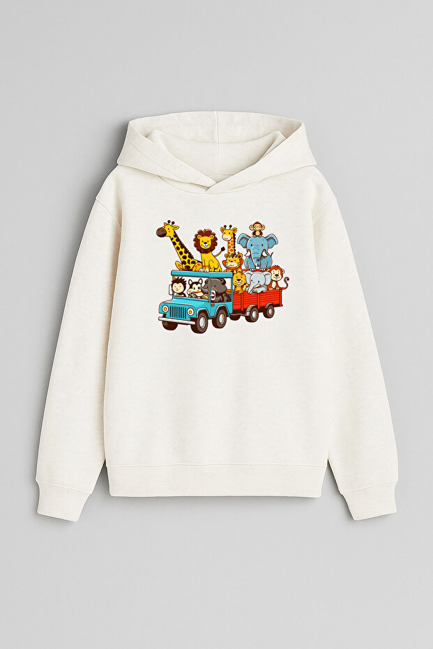 Animal Train Printed Ecru Girls Boys Hooded Sweatshirt