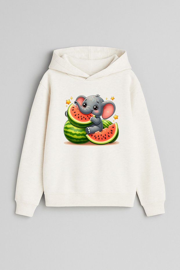 Watermelon Eating Elephant Printed Ecru Girls Boys Hooded Sweatshirt