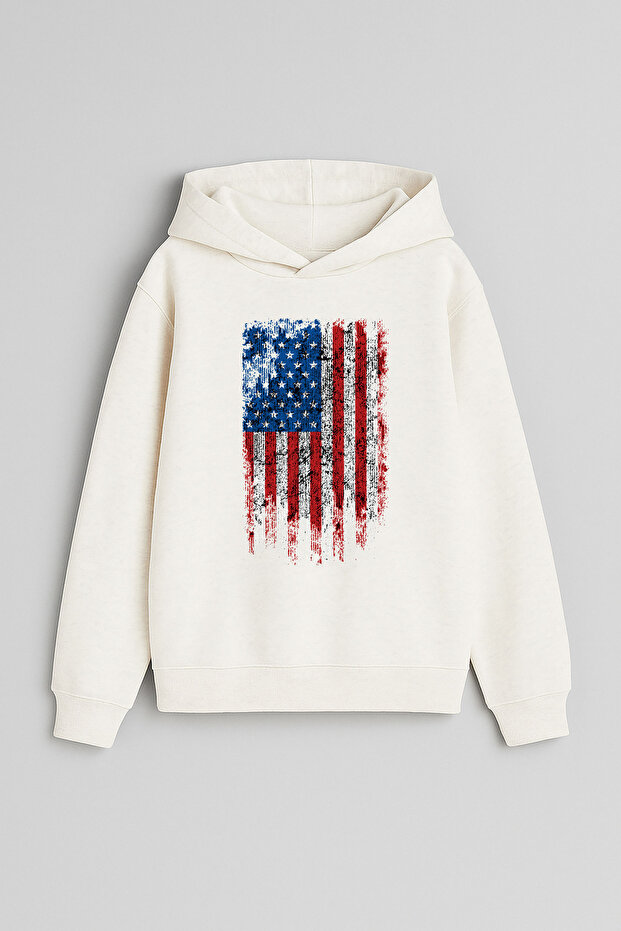 American Flag Printed Ecru Girls Boys Hooded Sweatshirt