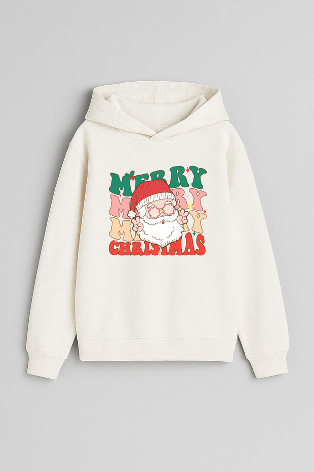 Christmas Merry Christmas New Year Printed Ecru Girls Boys Hooded Sweatshirt