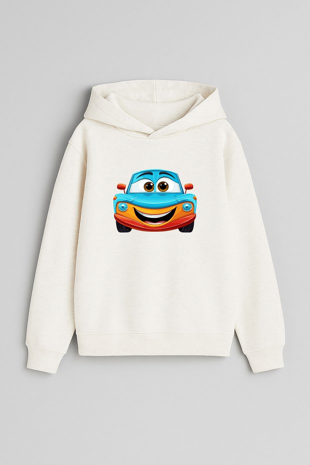 Blue Car Printed Ecru Girls Boys Hooded Sweatshirt