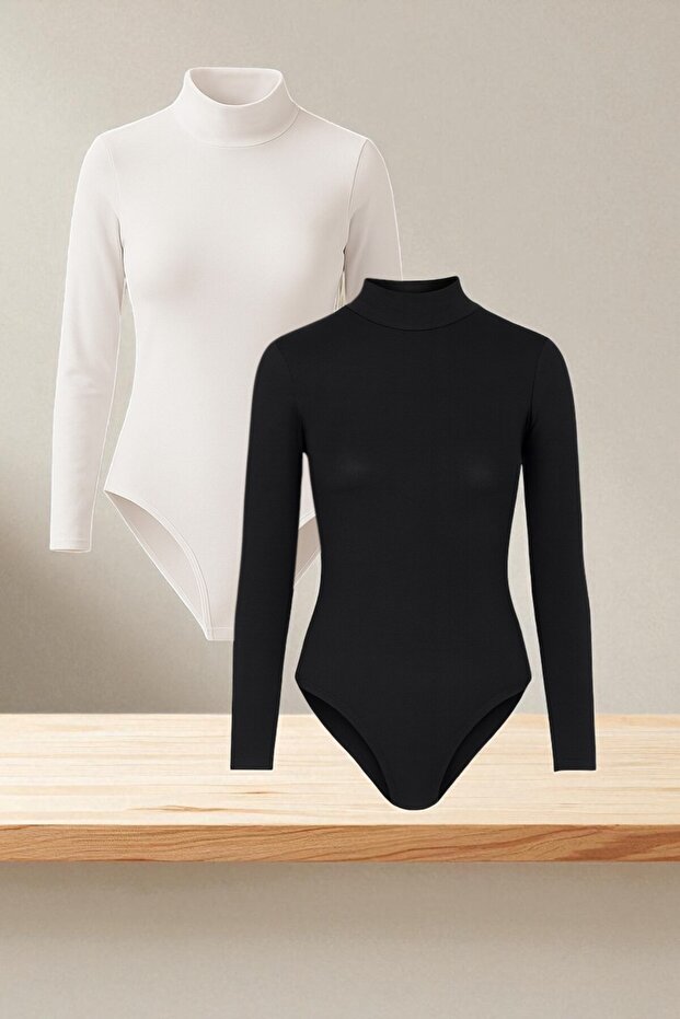 Women's Cotton Stretch Fabric Combed Cotton Long Sleeve High Neck 2-Piece Hooked Bodysuit L6K1K8T1Ka