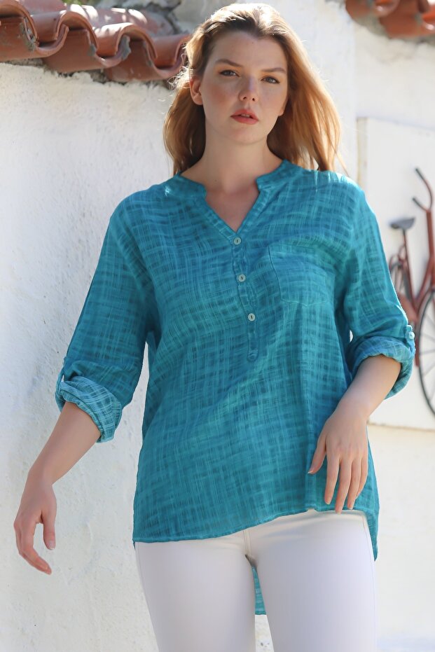 Organic Cotton Turquoise Turquoise Buttoned Long Sleeve Textured Single Pocket Washable Woven Blouse 70 60