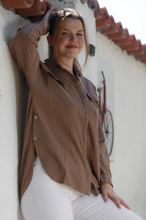 Organic Cotton Brown Shirt Collar Long Sleeve Double Flap Pocket Long Woven Back Shirt 70 65