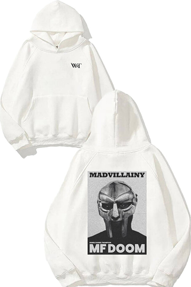 Mf Doom 4 Design Back Printed White Hooded Sweatshirt