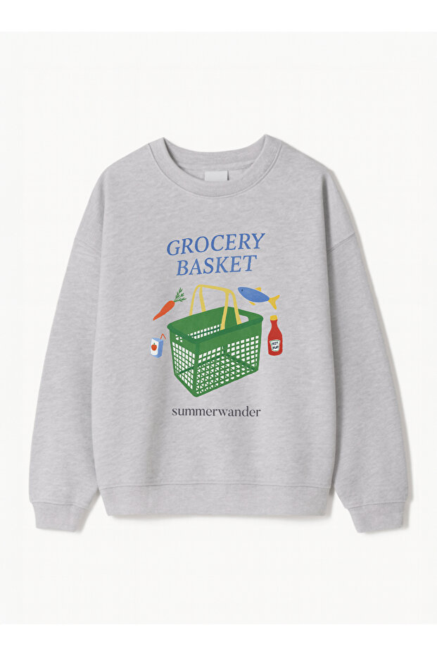 Women's Oversize Fit Sweatshirt with Grocery Basket Print – Crew Neck, 3 Thread Fleece