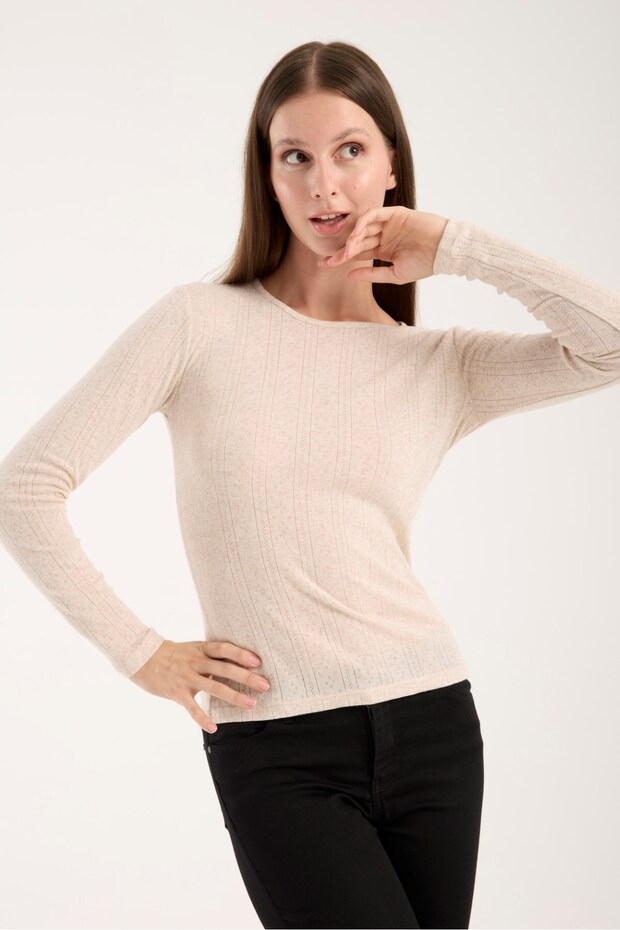 Women's Openwork Knitwear Blouse – Wide Neckline, Long Sleeves, Comfortable and Durable 3014