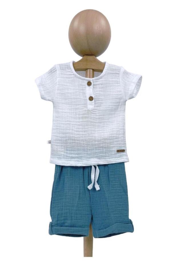 Buttoned White Shirt and Blue Shorts 2-Piece Muslin Baby Boy Set
