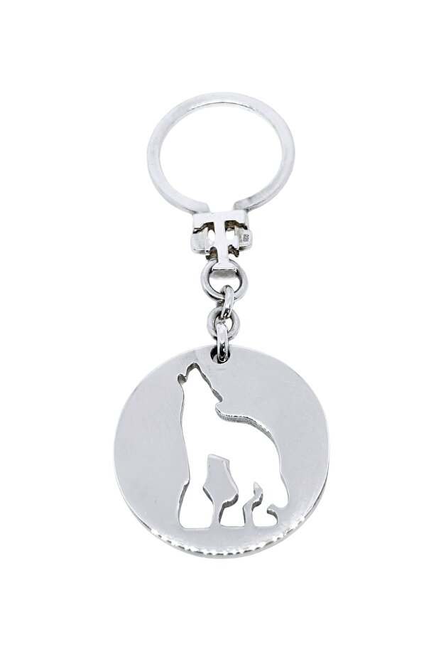 Wolf Keychain on a Silver Chunky Round Plate