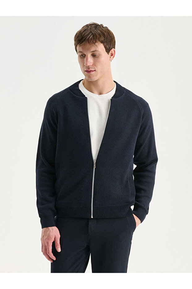 Lacivert Standart Kalıp Kolej Yaka Erkek Triko Hırka - 1