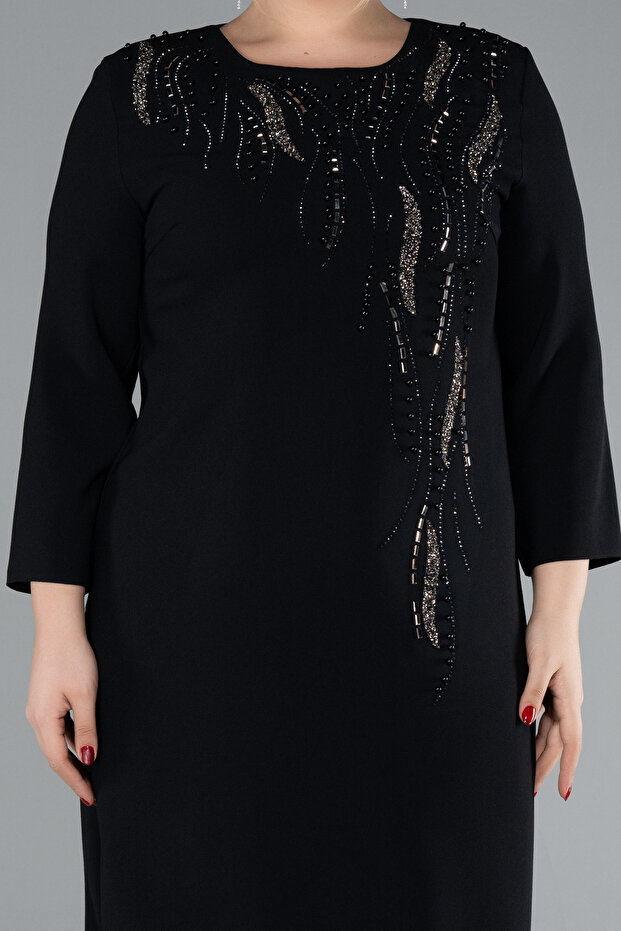 Siyah Kapri Kol Taşlı Midi Büyük Beden Davet Elbisesi ABK2197 - 3