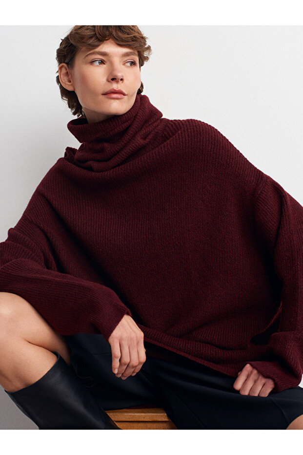 2268 Rollkragen-Oversize-Pullover – Dunkelrot - 1