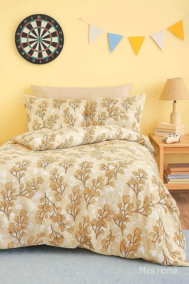 Yellow Leaf Patterned Cotton Single Duvet Cover Set