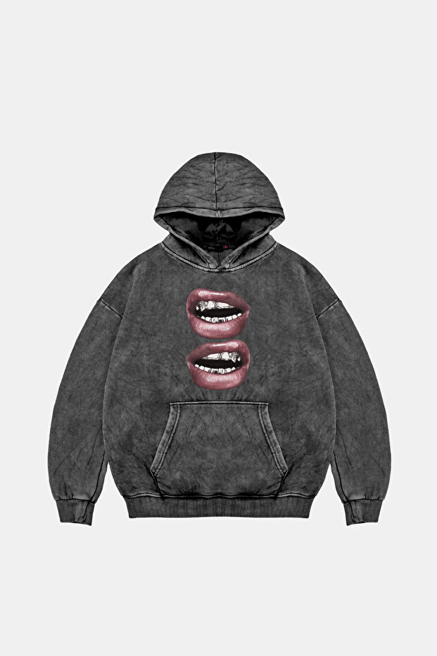 V2 Lip Teeths Printed Oversize Unisex Washable Black Hoodie
