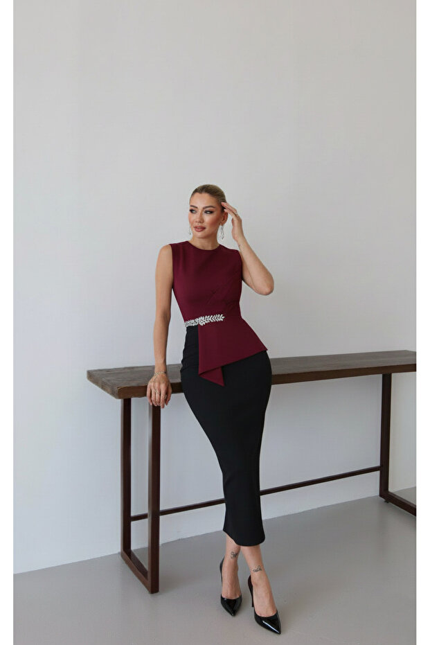 Kadın İthal Kumaş Taş İşlemeli Astarlı Yırtmaçlı Astarlı Özel Tasarım Elbise - 5