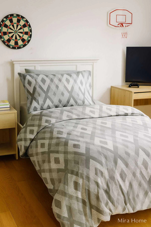 Zigzag Pattern Gray Cotton Twin Duvet Cover Set - 2