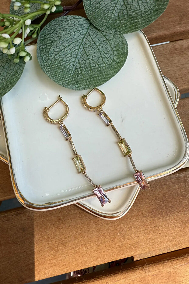 Steel Dangle Colorful Baguette Stone Earrings