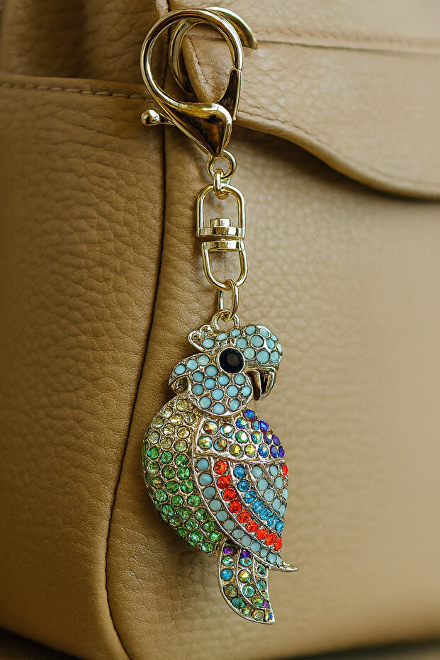 Metal Keychain with Colorful Stone Parrot Figure