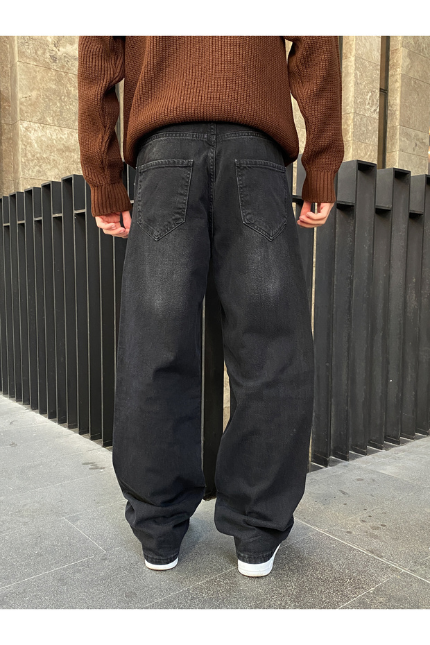 Yıkamalı Siyah Basic Baggy Jean - 3