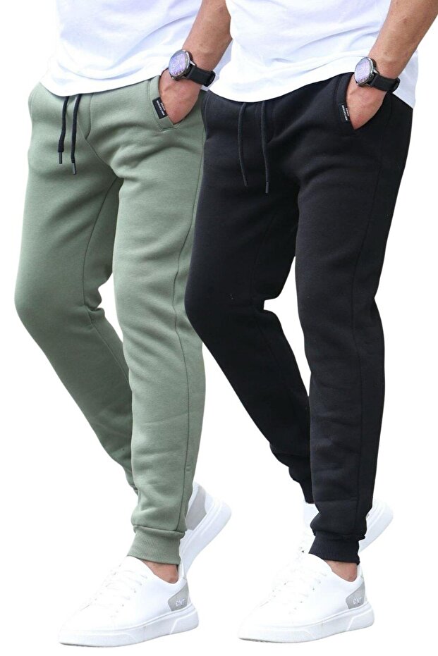 Siyah/Haki Basic 2'li Paket Erkek Eşofman Altı E7444 - 1