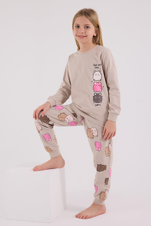 Kız Çocuk %100 Pamuklu Pijama Takım, Uzunkollu, Dar Paça - 2