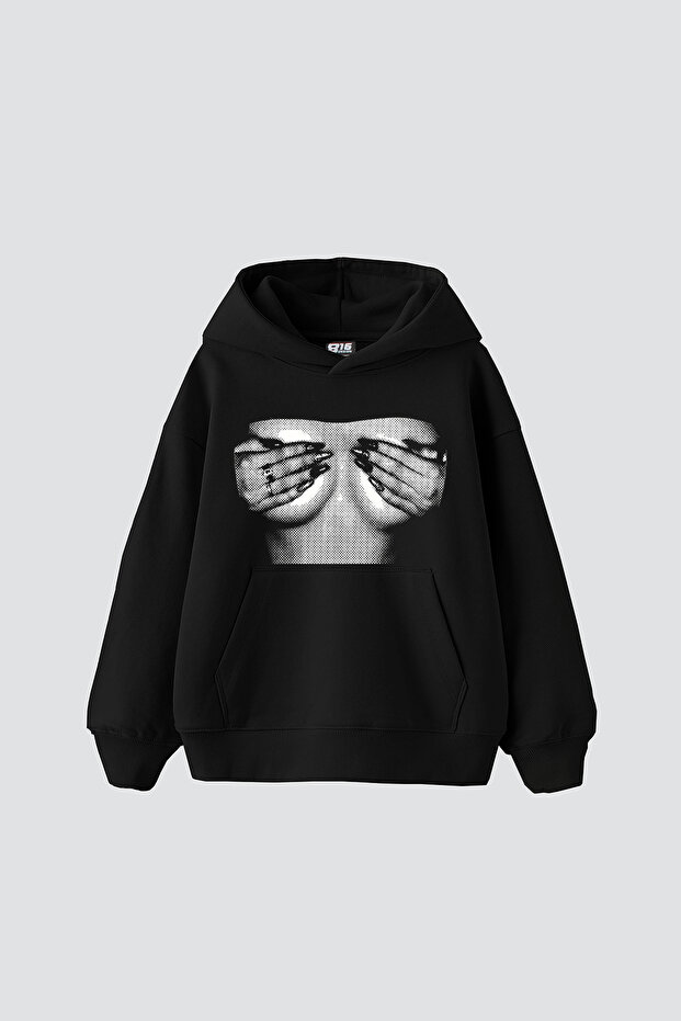 Silhouette Boobs V2 Printed Oversize Unisex Black Hoodie