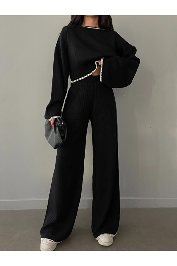 Dámský černý úpletový komplet dvoudílný - moderní a stylová kombinace - 2