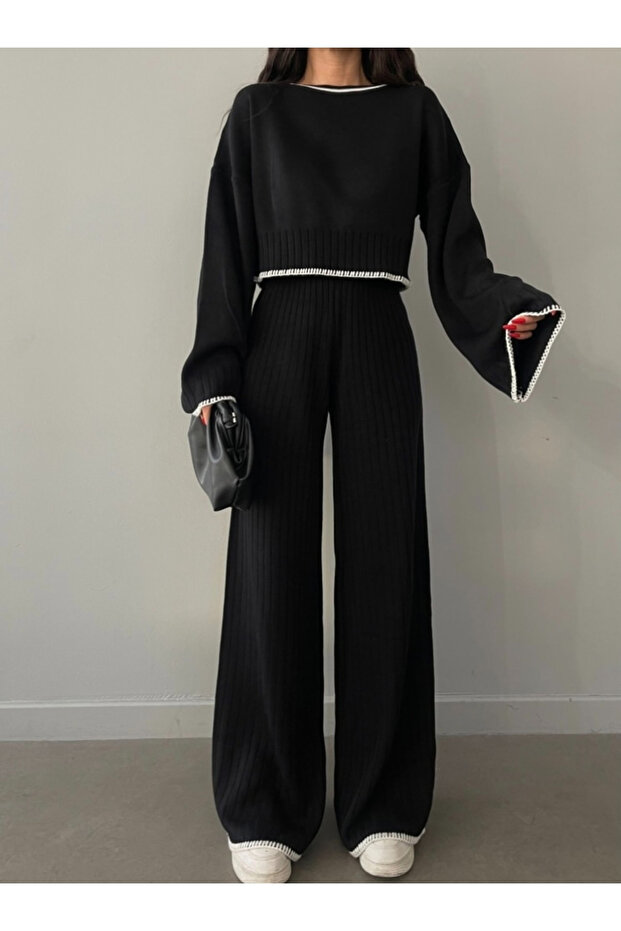 Dámský černý úpletový komplet dvoudílný - moderní a stylová kombinace - 1