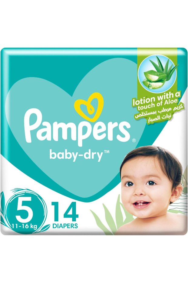 Baby-Dry Taped Diapers with Aloe Vera Lotion, up to 100% Leakage Protection, Size 5, 11-16kg, 14 Count