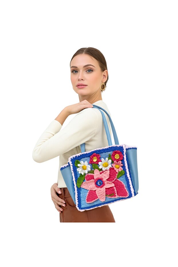 Crochet Knitted Flower Detailed Shoulder Bag, Handmade Custom Design Bag
