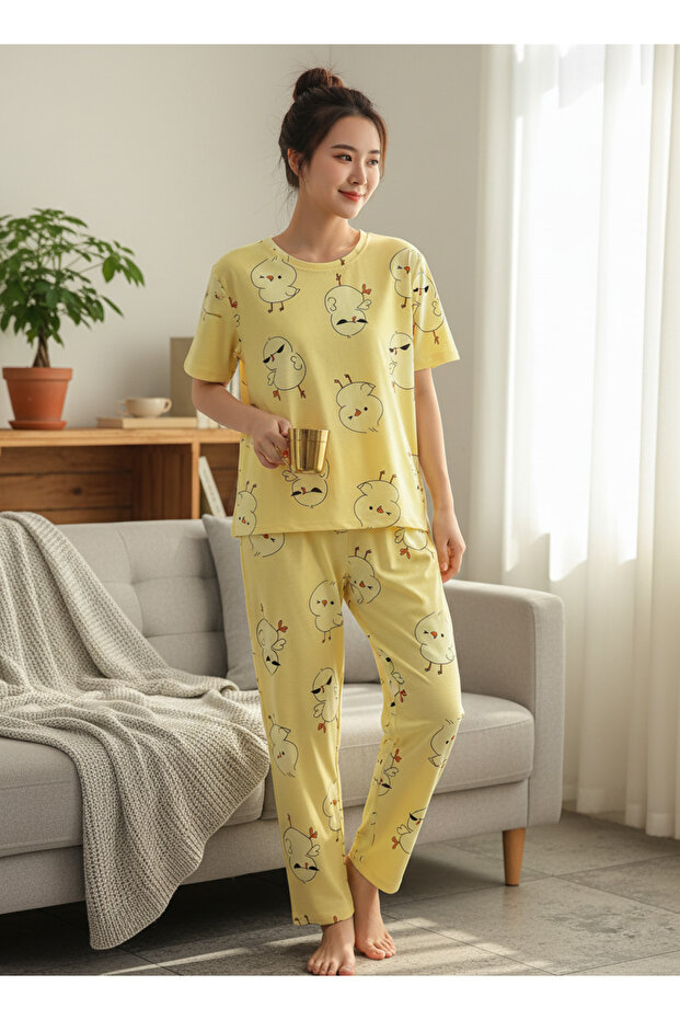 Sarı Sevimli Civciv Desenli Kısa Kollu Kadın Pijama Takımı - 2