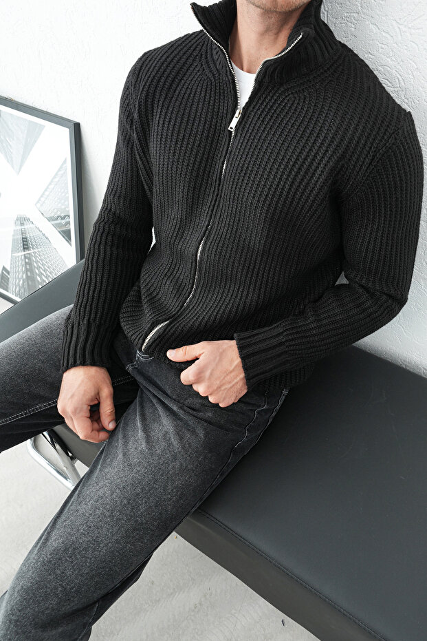 Fermuarlı Örme Kalın Hırka - 3