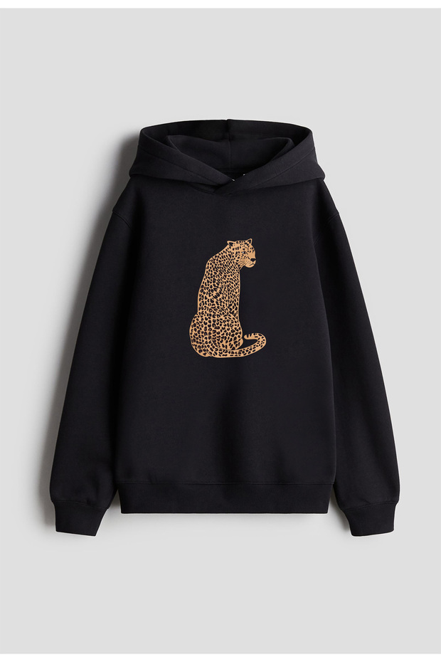 Leopard Printed Women's Men's Children's Black Hooded Sweatshirt Hoodie