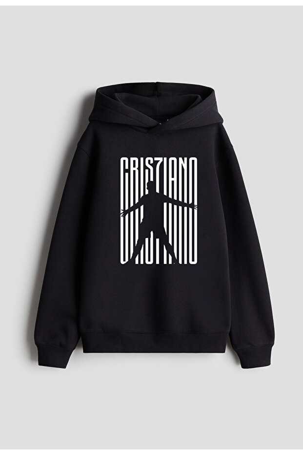Football Player Ronaldo Printed Boys' Black Hooded Sweatshirt Hoodie