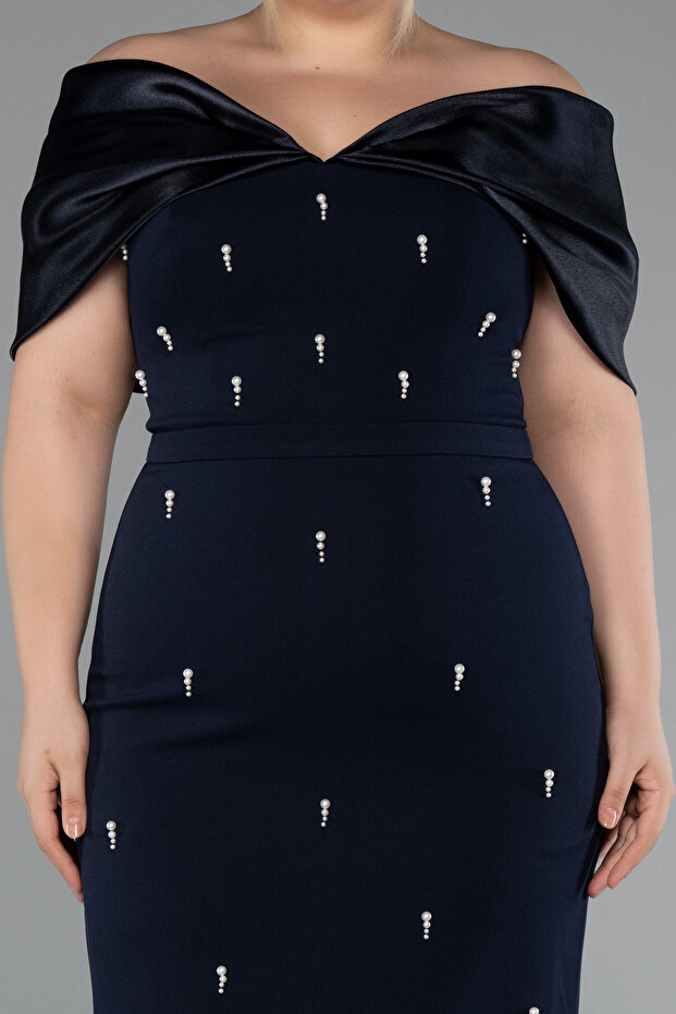 Parlement Kayık Yaka Taşlı Midi Büyük Davet Elbisesi ABK2400 - 3