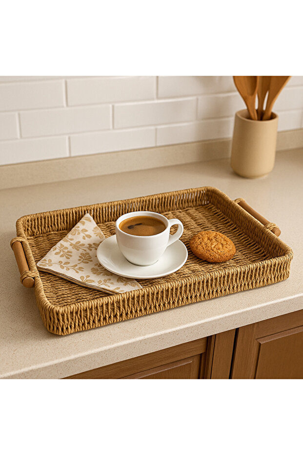 Large Size Rectangular Wooden Handle Wicker Tray Serving Presentation Tray Organizer 43*32cm