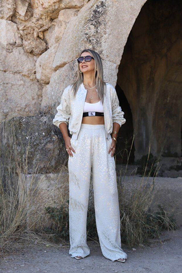 Stone Satin Leopard Jacket and Trousers Set