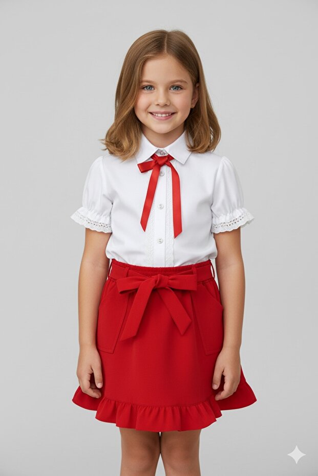 Girls' Ruffled Skirt White Shirt Set April 23 Show Clothes School Activity Combination