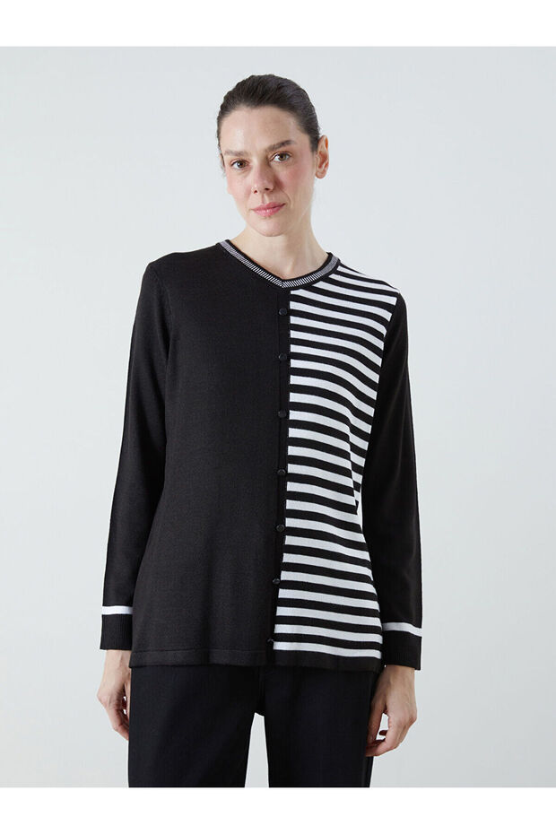 Black V-Neck Striped Women's Knitwear Sweater from Plus-Store