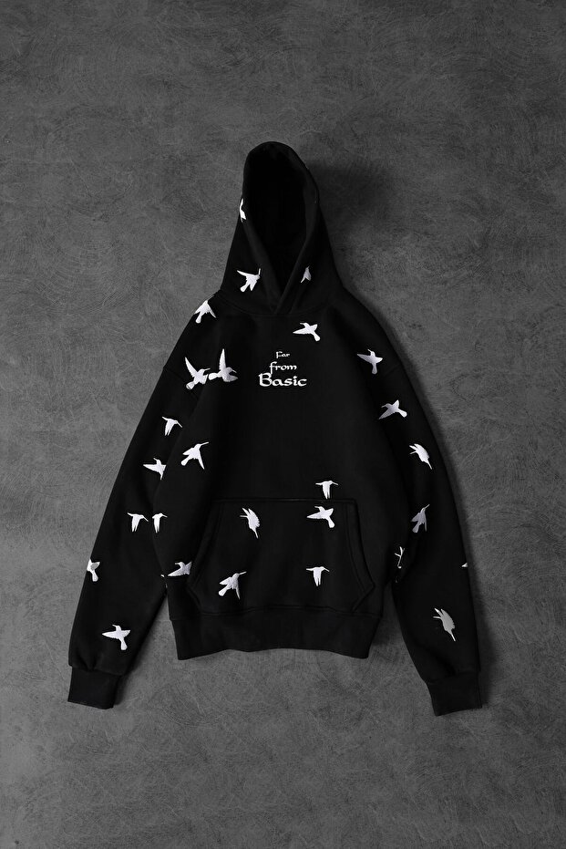 Erkek Siyah Far From Basic Kabartma Baskı Oversize Kapüşonlu Sweatshirt - 4
