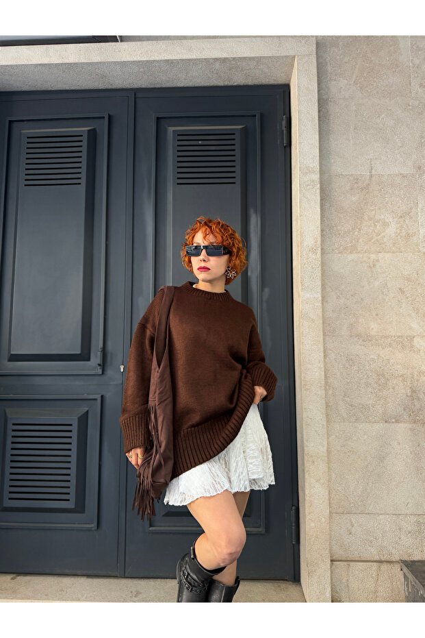 Premium Bisiklet Yaka Basic Oversize Triko Kazak - 6