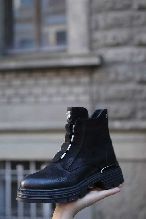 3524 Real Leather Serrated Non-Slip Thermo Rubber Sole Thick Heeled Zippered Women's Boots