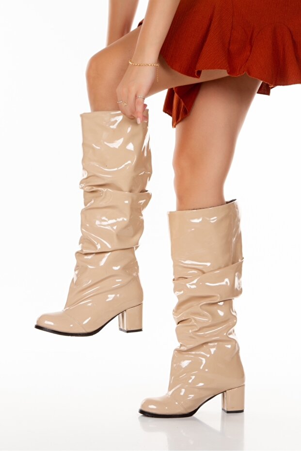 Pusi Beige Patent Leather 5 cm Heel Ruffled Below-The-Knee Boots