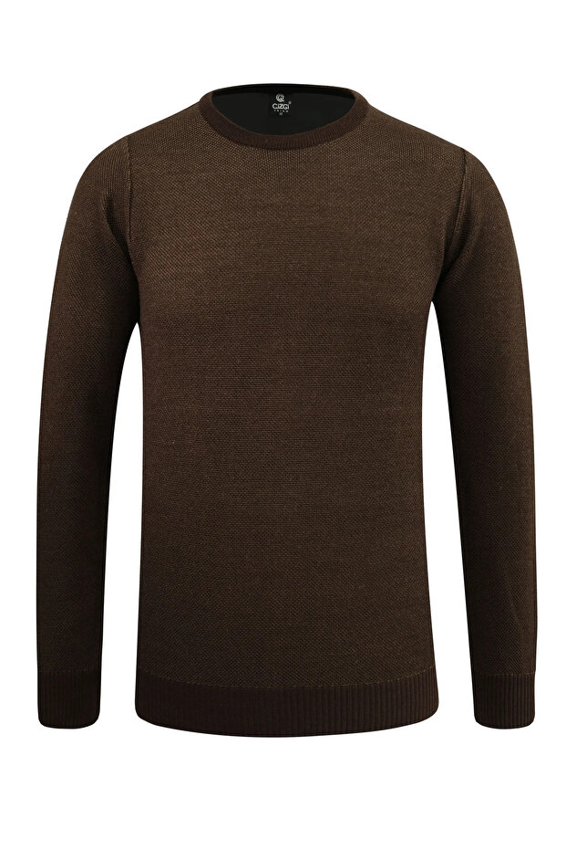 Men's Crew Neck Brown Sweater with Pockets, Pique Pattern, Steel Knit, Classic Fit - 5214C