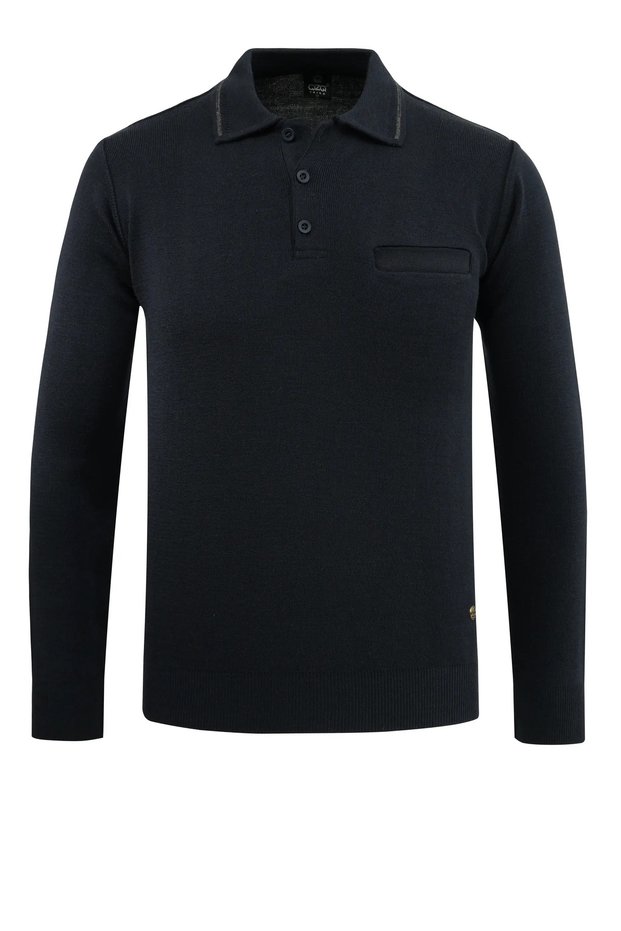 Men's Polo Neck Navy Blue Sweater Knitwear with Pockets Steel Knit Classic Fit - 5200F