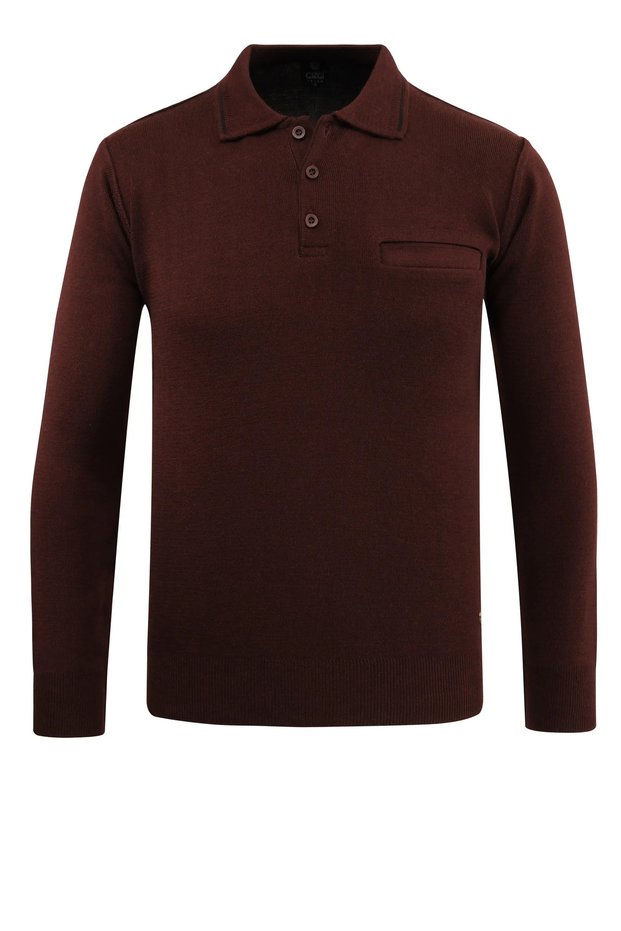 Men's Polo Neck Burgundy Sweater Knitwear with Pockets Steel Knit Classic Fit - 5200F